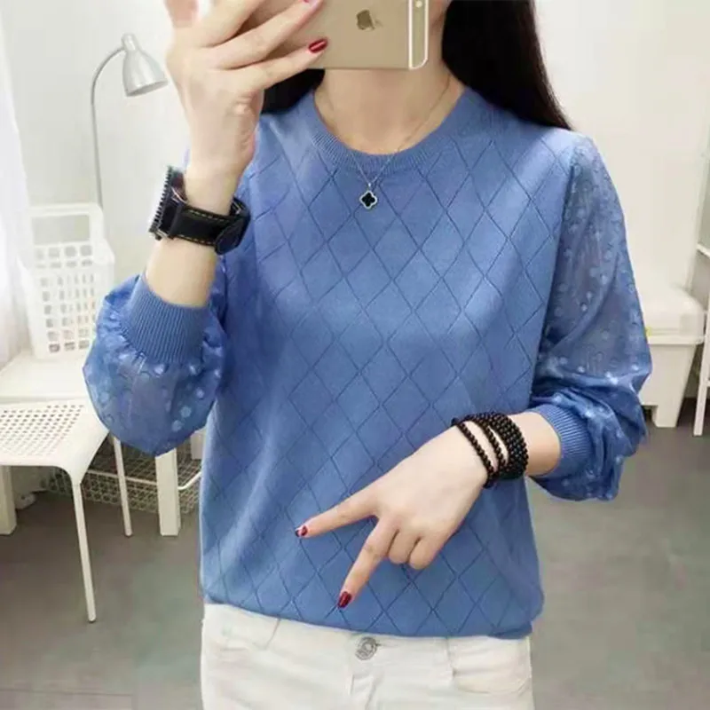 Fashion Plaid Pullover Tops Autumn Winter Thin Sweaters For Women Hollow Mesh Round Neck Long Sleeve Knitwear Pull Femme