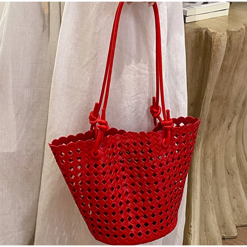 

Hand-woven Openwork handBag With Zipper Inner Pocket,summer Pu Leather Beach Bucket Bags,large Capacity Simple Shopping handBag