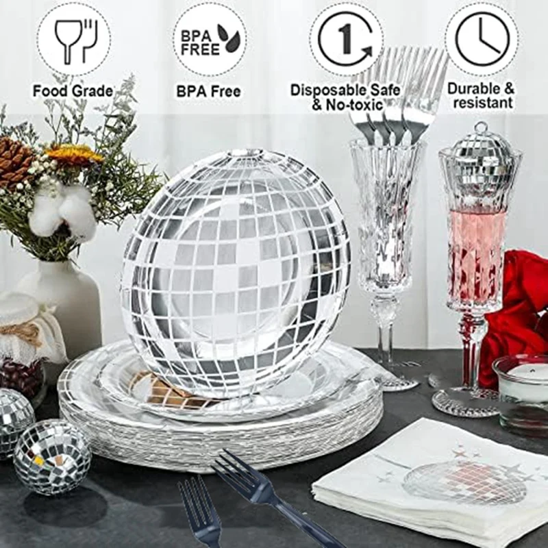 Disco Party Supplies Tableware Set Disco Ball Dinner Plate Napkin Fork Disco Birthday Rock Dance Music Party, Durable 200 PCS