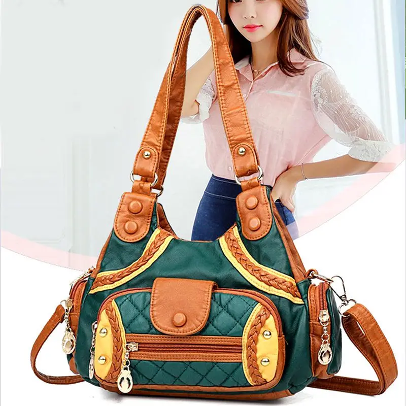 

Retro Braided Rope Rivet Tote Bag Women Color Block Leather Large Capacity Shoulder Bag Ladies Casual Multi Pocket Crossbody Bag
