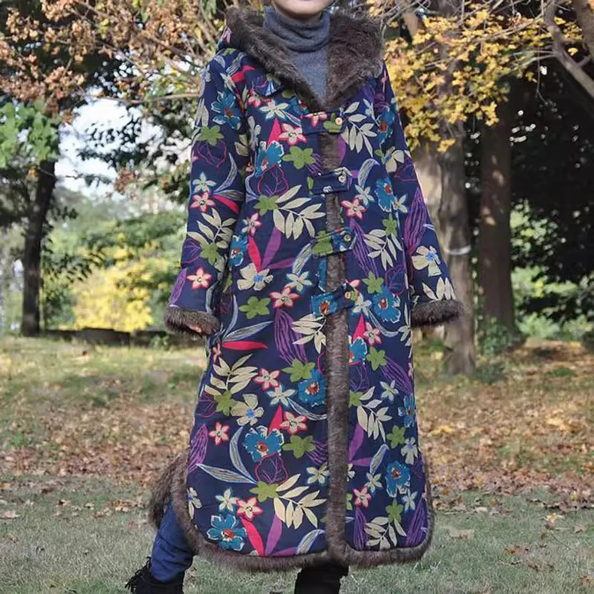 

Women Button Up Cotton Linen Printed Quilted Warm Jacket Hooded Parka Coats Long Overcoat Faux Fur Collar Retro Outerwear Winter