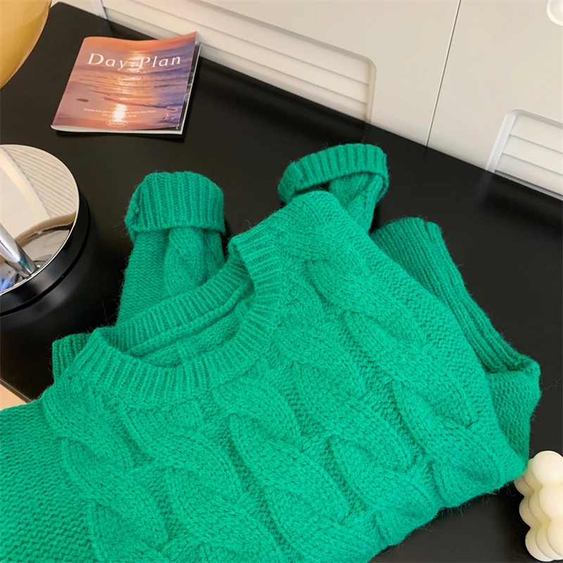 Korean Winter Autumn Women Round Neck Green Solid Cashmere Sweater High Quality Twist Long Sleeve Knitted Pullovers Top F827