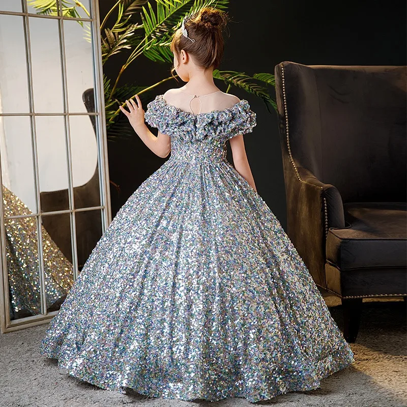 Customized Bling Bling Ball Gown Baby Flower Girl Dresses Sequins Princess Children Prom Birthday Party Gowns Formal