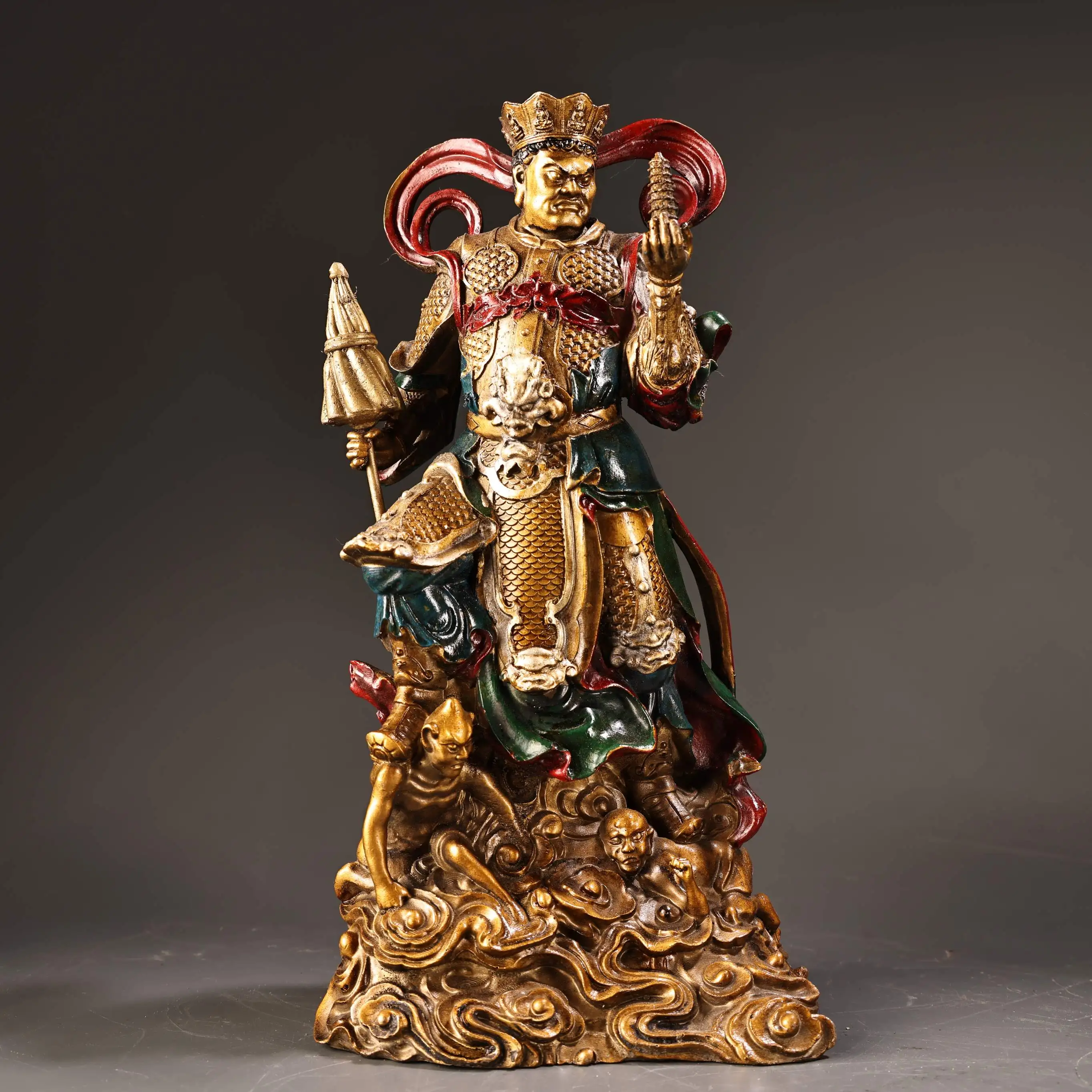 

10"Old China Collections Old Bronze Outline in gold Painted The Four Heavenly Kings Door God Diamond Guardian Standing Buddha