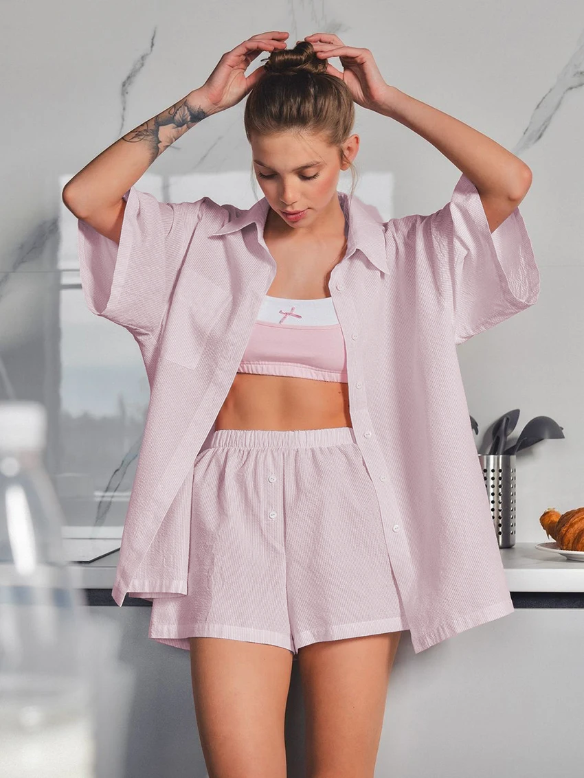 

Marthaqiqi Pink Cotton Female Sleepwear Set Turn-Down Collar Pajamas Short Sleeve Nightgowns Shorts Casual Women Nightwear Suit