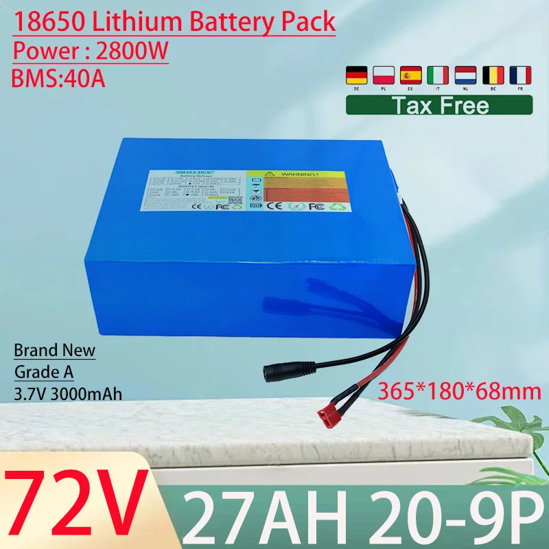 72V 27Ah 18650 20S9P Lithium Ion Battery Pack 2800W Power Tool Batteries Outdoor Backup Batteries With 40A BMS+84V 5A charger