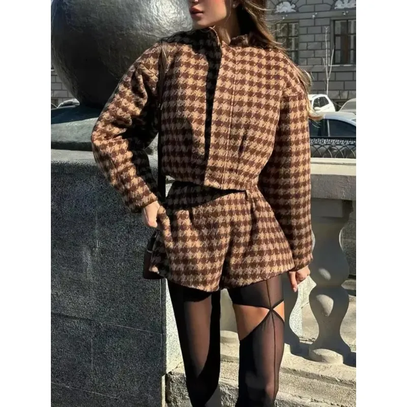 

2025 Spring Retro Plaid Women Sets Casual Chic Full Sleeve Zipper Jacket High Waist Pockets Shorts NEW Lady Office Suit Commute
