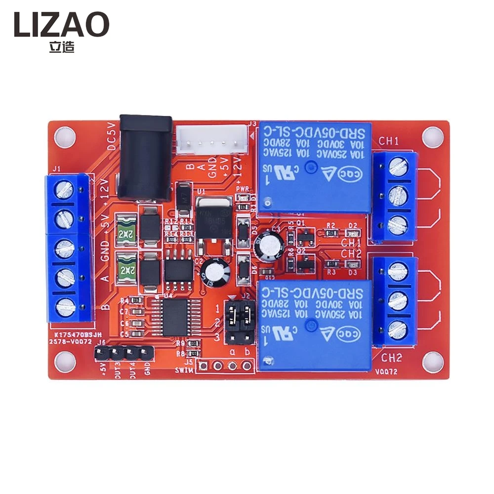 LIZAO 2CH RS485 Relay Output Module Single-Byte Control MODBUS RTU Delay Function MCU Controller Driver Board