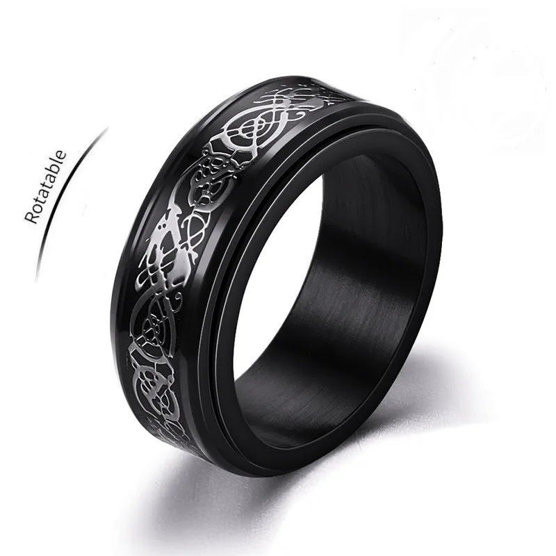 Anti Stress Stainless Steel Celtic Dragon Rings For Men Rotating Anxiety Relife Spinning Blue Carbon Fibre Metal Rock Band Ring