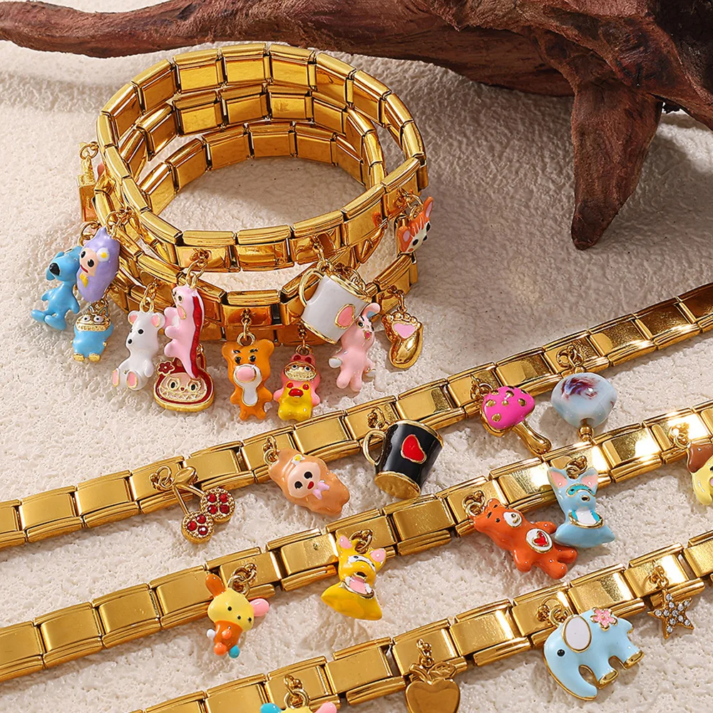

For Children Creative Gift Animals Pendants Italian Charm Stainless Steel Elastic 9mm Bracelets Women DIY Making Bangle Jewelry