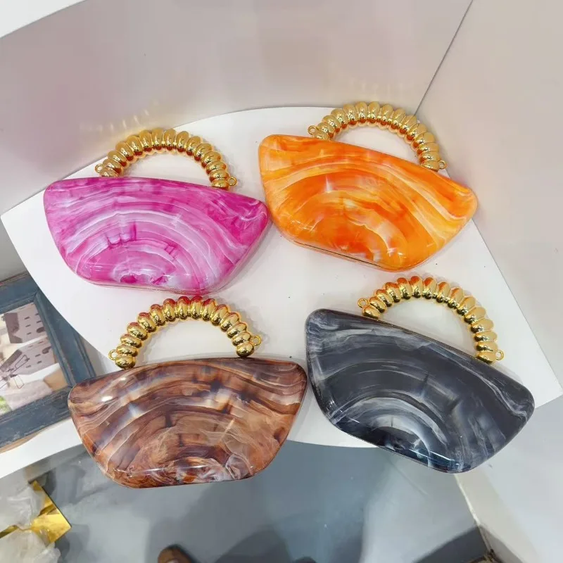 1pcs Acrylic Swirl Pattern Clutch Bag, Elegant Orange Handbag with Gold Coil Handle