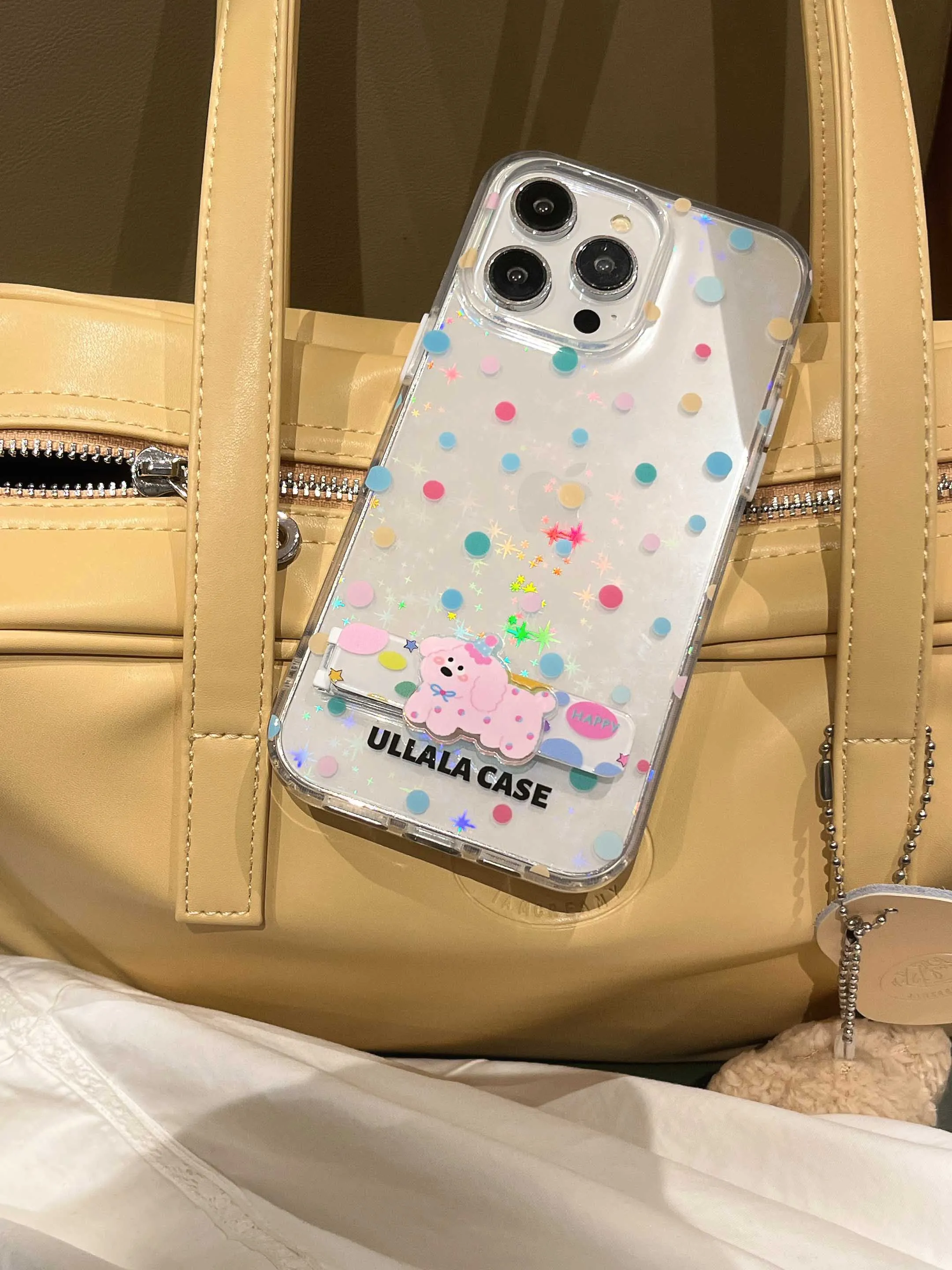 IPhone用の光沢のある透明なレーザー保護ケース,カラフルなスポット,かわいい子犬ホルダー,iphone 15 pro max,iphone 13pro max,iphone 13pro max