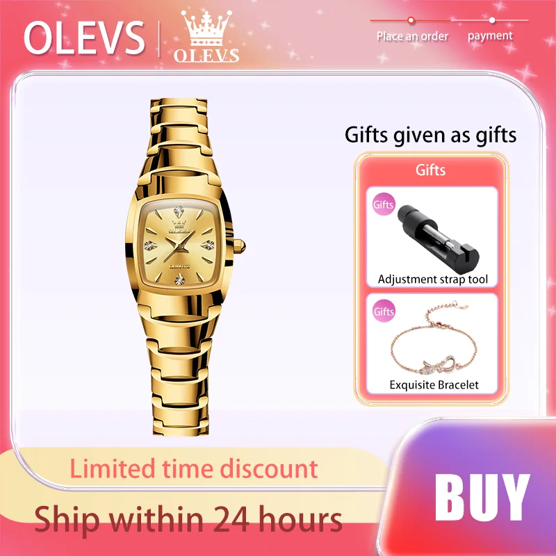 OLEVS jam tangan wanita, jam tangan wanita elegan, mewah, merek asli, Tungsten Steel, anti air, kuarsa, emas, hadiah