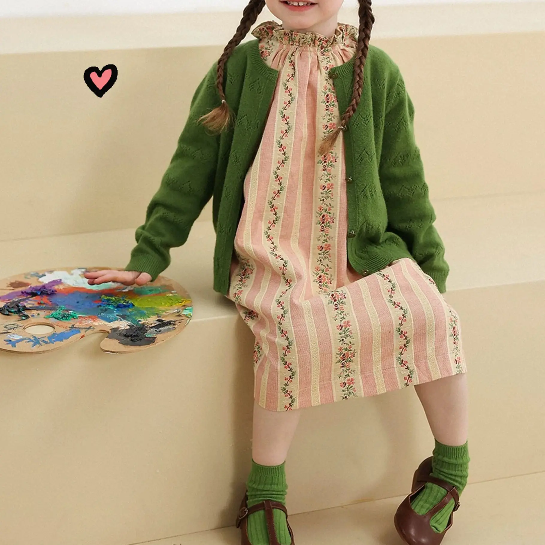 2026 Autumn New Girls Pure Cotton Wool Knitted Cardigan Baby Foreign Style Sweater Floral Skirt Set