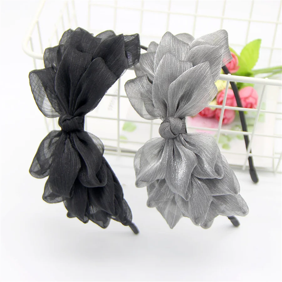 Fashion Retro Ribbon Big Bow Floral Shining Hair Band Women Hair Accessories Hair Hoop Black Pink Girls Flower Lace Bow Headband