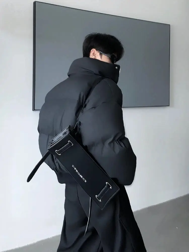 

Black short silhouette down jacket men's PU leather bread jacket American high street ruffian handsome stand-up collar