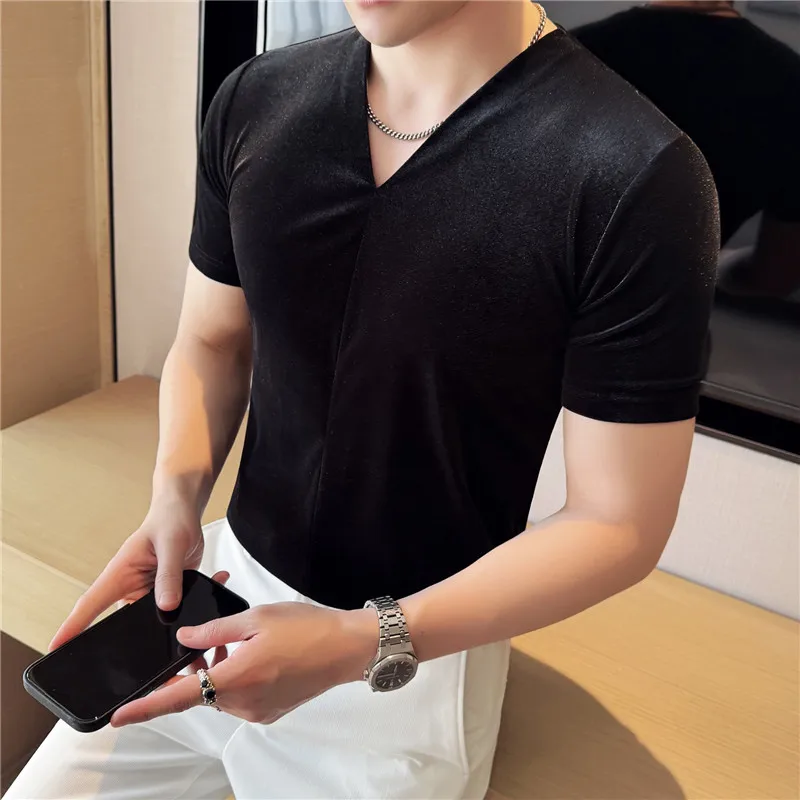 Summer Seamless V-neck Velvet T-shirt for Men High-quality Glossy Elastic Base Short Sleeved Casual T-shirts Men Clothing 2025