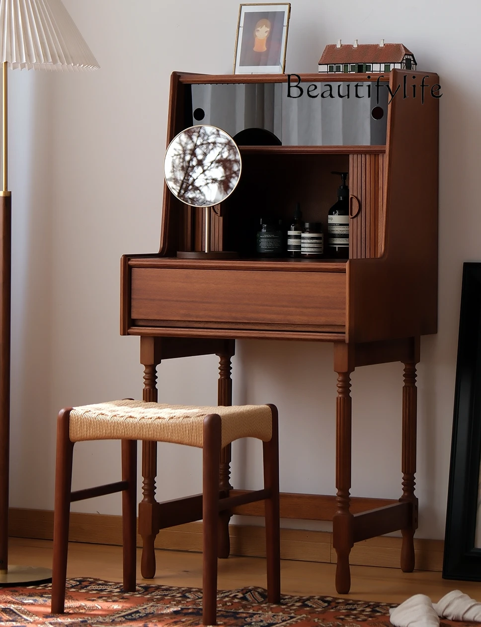 French Style Vintage Teakwood Dresser Architectural Style Makeup Table Bedroom Storage Cabinet Small Apartment