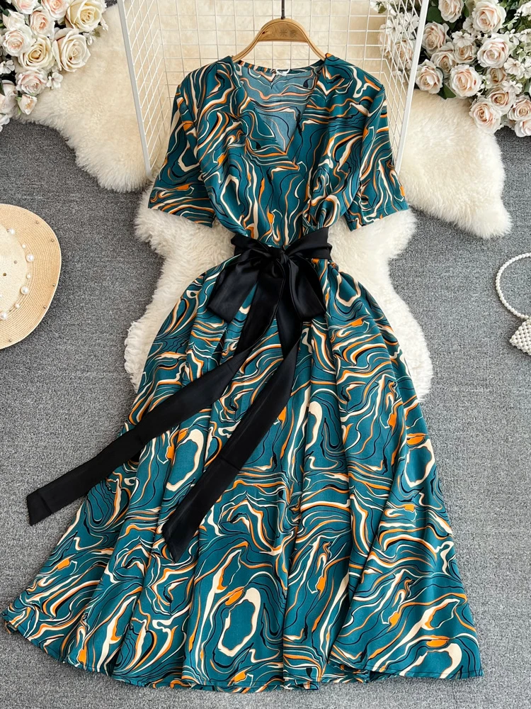 

Women Elegant Vintage Short Sleeved V-neck High Waist Slim Lace Up A-line Print Dress Summer Party Vacation Chiffon Robe