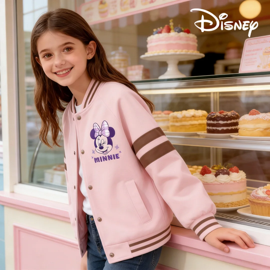 

Ветрозащитная бейсбольная куртка с милым принтом Минни для девочек Disney, детская бейсбольная куртка в стиле преппи, осенне-зимняя теплая верхняя одежда