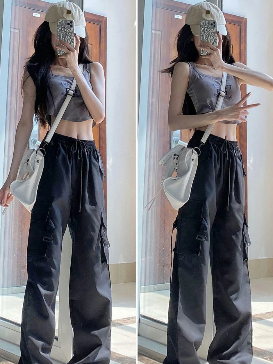 

Женские брюки с высокой талией, свободного кроя, в американском ретро-стиле Харадзюку, летние, новые, прямые, повседневные, широкие, модные