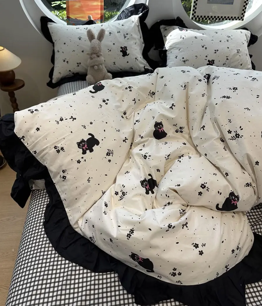 

Cute cat flower black plaid bedding set 1.2 1.5 1.8,twin full queen lovely cotton home textile bed sheet pillowcase quilt cover