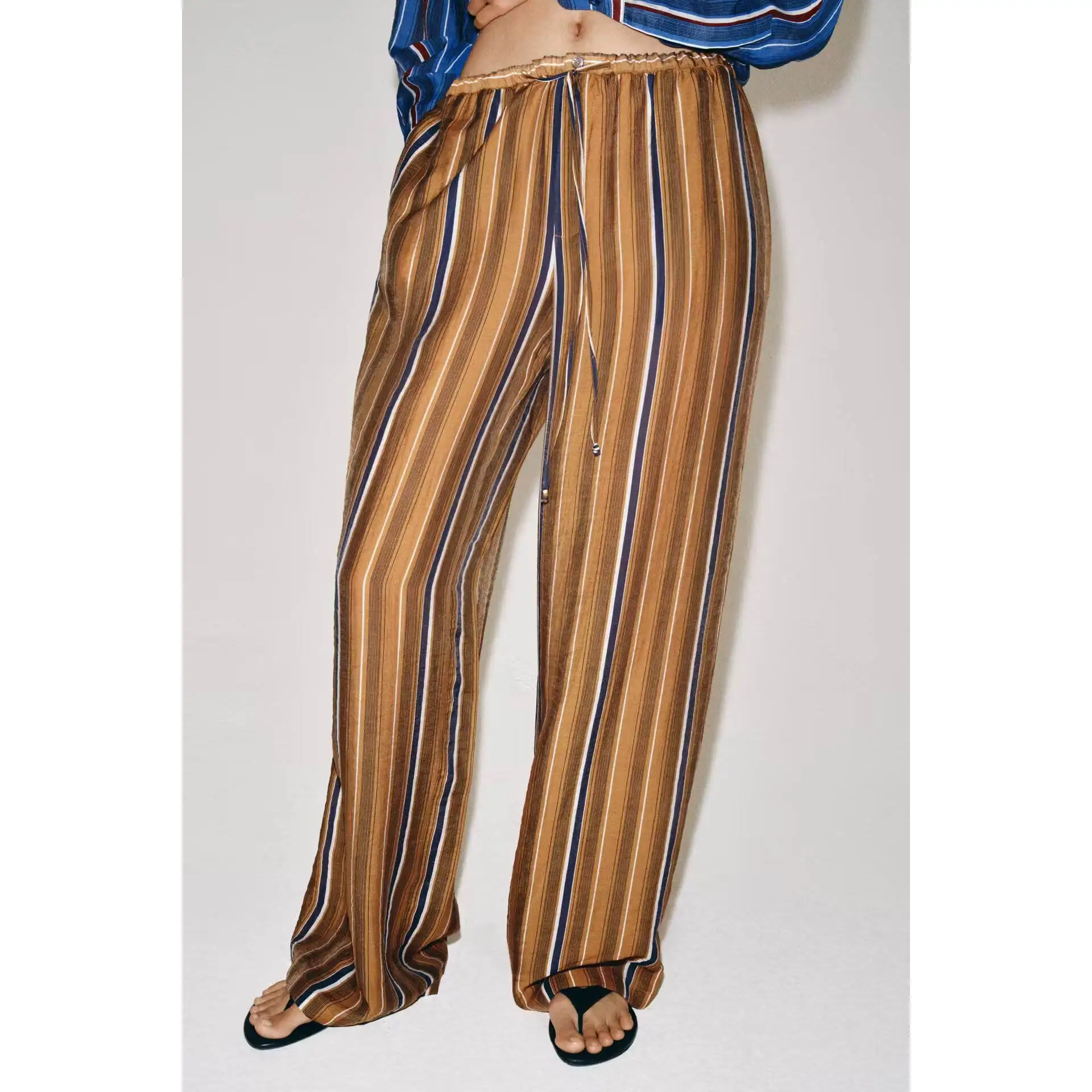 Fashionable Striped Sleepwear Style Flared Pants New Arrival Women's High Waist Polyester Fiber Casual Trousers Summer 2026