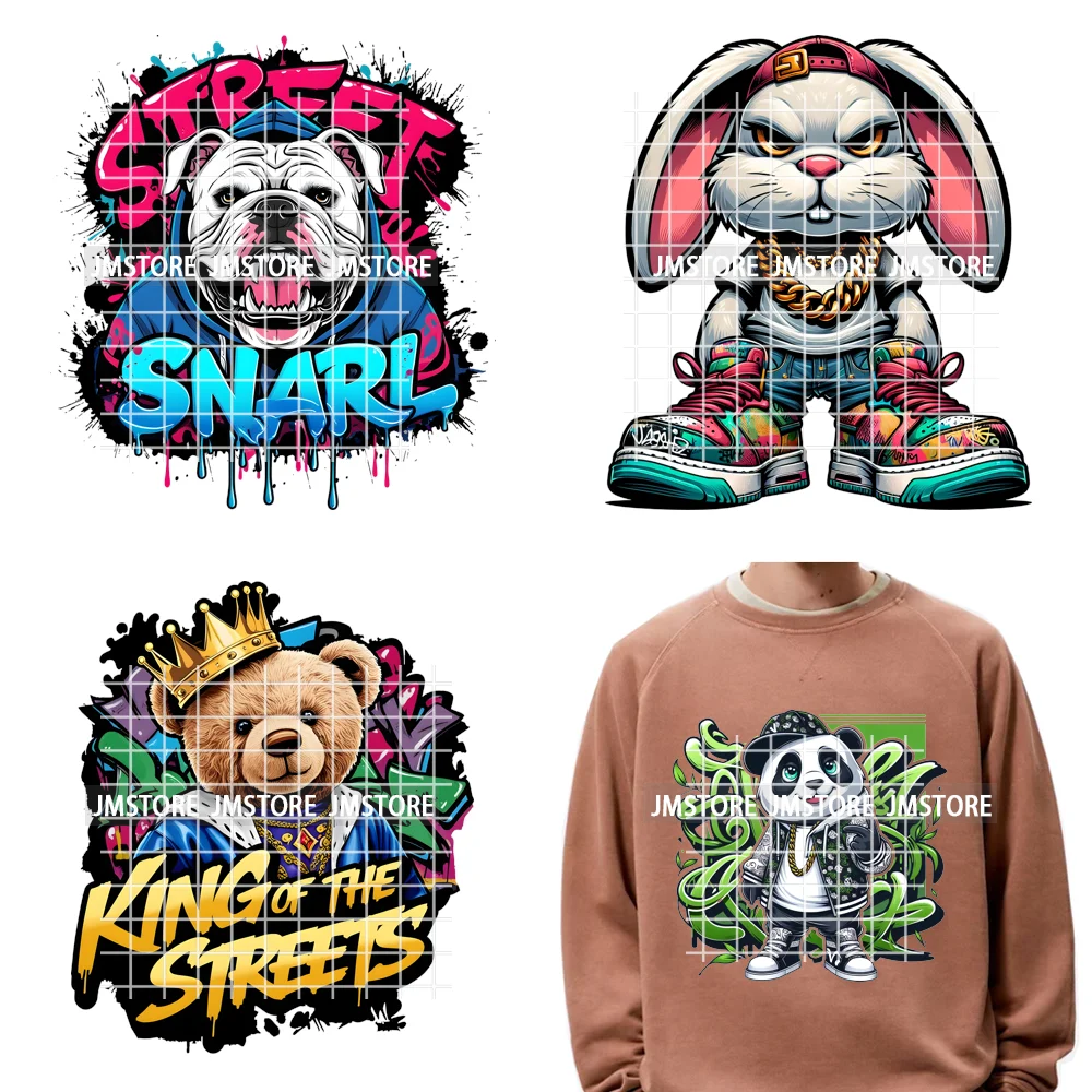 12in Street Snarl Savage Animal King Graffiti Urban Bear Bunny Cat Dog Iron on DTF Transfers Stickers Ready to Press for Clothes