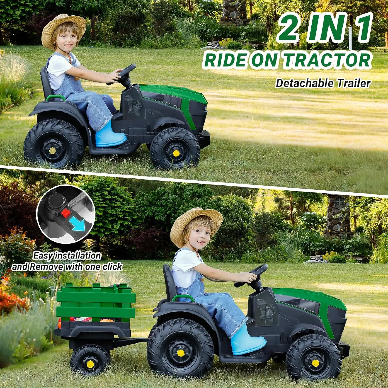 Tractor de paseo de 24V y 9AH con remolque fácil desmontable, juguete de Tractor eléctrico de motores de 400W para niños grandes, capacidad todo terreno, Saf
