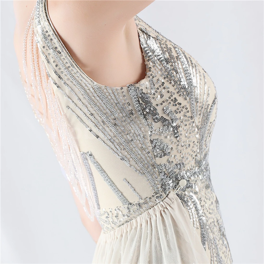 Sequin V-neck Sleeveless Floor-Length Prom Dress with Shinning Backless Design and Shawl Customized