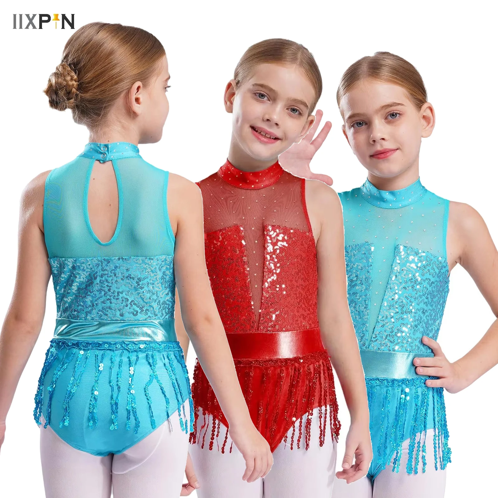 

Kids Girls Latin Jersey Ballet Dance Leotard Cha-Cha Performance Costume Sequins Tassel Hem Skirted Ballroom Dance Leotard Dress