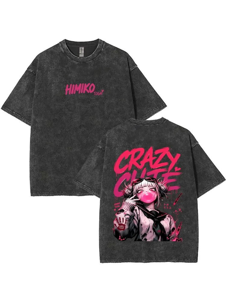 Gewaschenes Vintage Anime My Hero Academia Himiko Toga Grafik-T-Shirt für Männer und Frauen Manga Casual T-Shirts Unisex Y2k Übergroße T-Shirts
