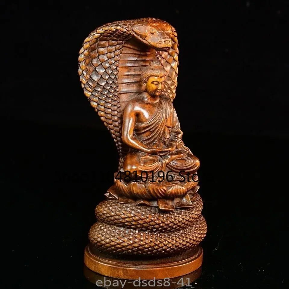 Old Boxwood Carved Snake Buddha Serpent Statue Buddhism Sculpture Decor