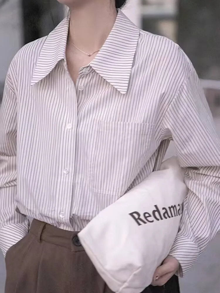 

Eye-catching Chic Office Simple Interview Blouse Female Autumn Winter Woman S-XL shirt Turn-down Collar Loose Button Striped