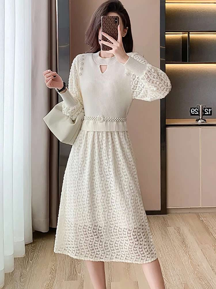 Herbst Winter gestrickt Patchwork Haken Blume hohl langes Kleid Frauen elegante Luxus Pullover Kleid koreanische Bodycon Party kleid