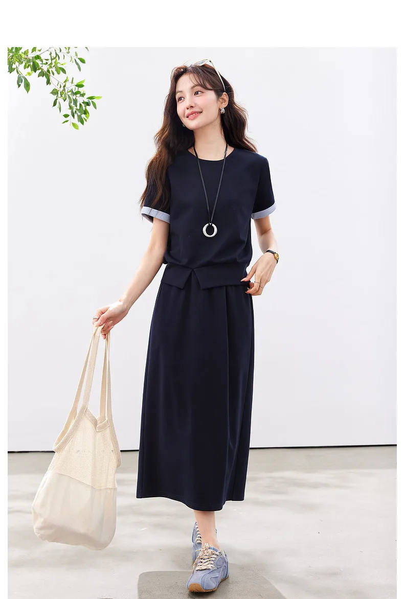 VIMLY Navy Casual Office Women's Suit 2026 Summer Contrast Folded Cuff Short Sleeve Tee Elastic Waist Straight Skirt Sets A6390