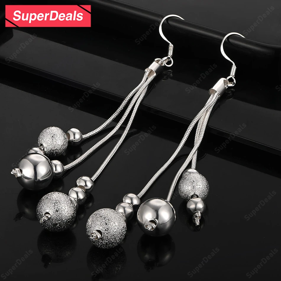 

SuperDeals 925 Sterling Silver Round Bead Ball Drop Earring Fashion Fine Jewelry Women Engagement Wedding Party Gift Accessories