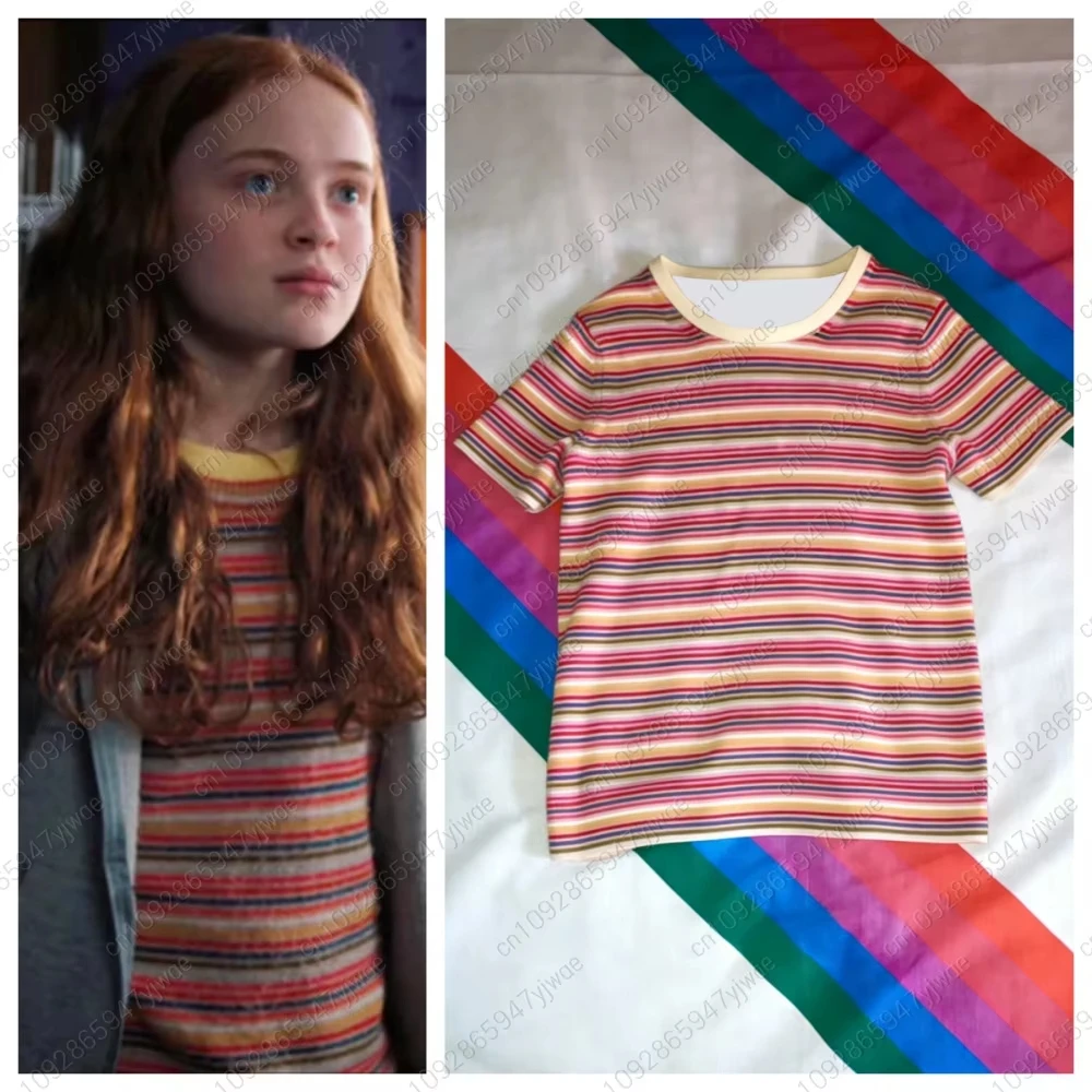 2026 Max Mayfield Cosplay Costume Rainbow Striped T-shirt Women girl Casual Colorful For short sleeve name tag t-shirt