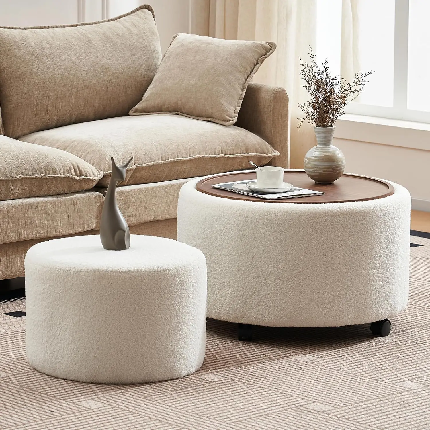 28 Inch Round Storage Ottoman Set 2 with Wheels, Multifunctional Table with Removable Wood Lid, Foot Rest  Customized
