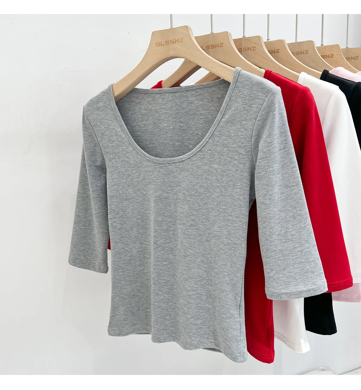 Zjaiss Women's White Base Top 2026 New U-Neck Three-Quarter Sleeve Tee for Spring & Summer Solid Versatile Casual Simple T-Shirt