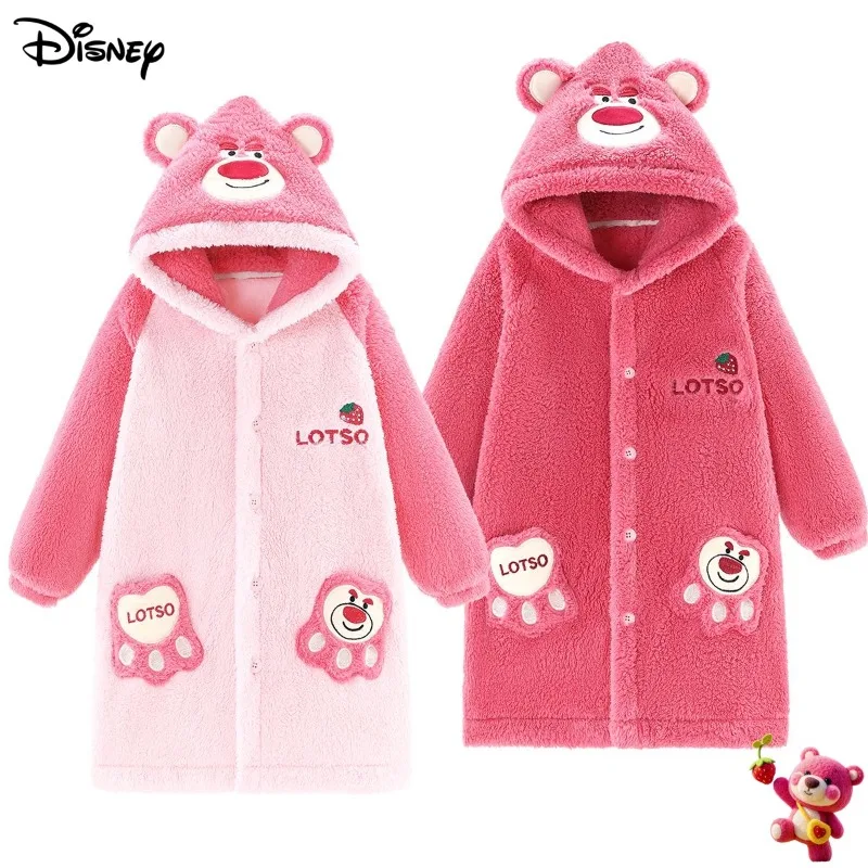 

Disney cute cartoon Lotso girl autumn and winter coral fleece long nightgown, thickened and plush homewear, pajamas, bathrobe