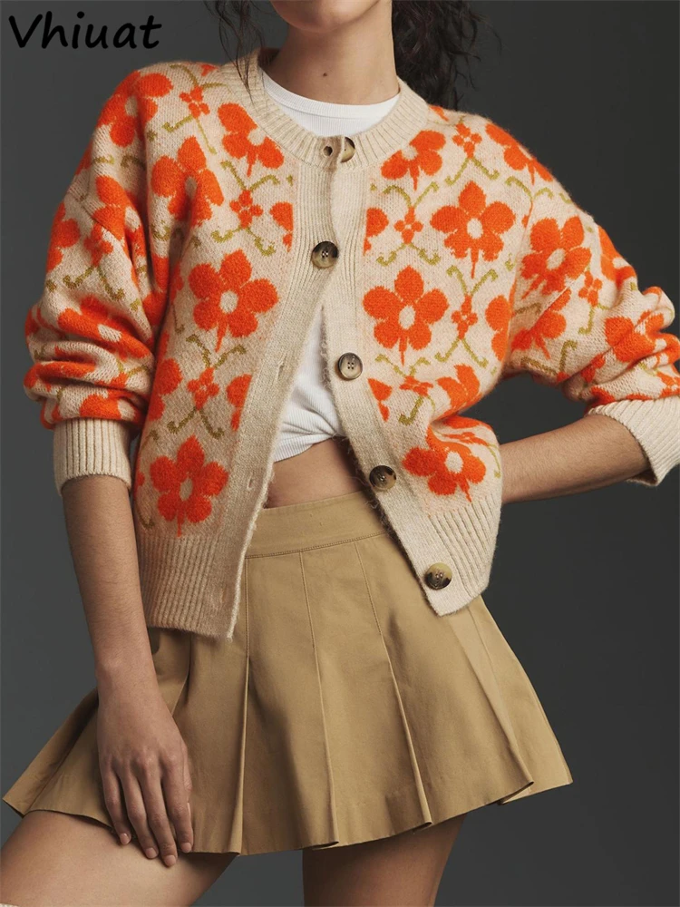 

Vhiuat осенне-зимний женский укороченный кардиган с цветочным принтом и длинными рукавами на пуговицах, винтажный вязаный свитер, верхняя одежда, повседневное милое пальто