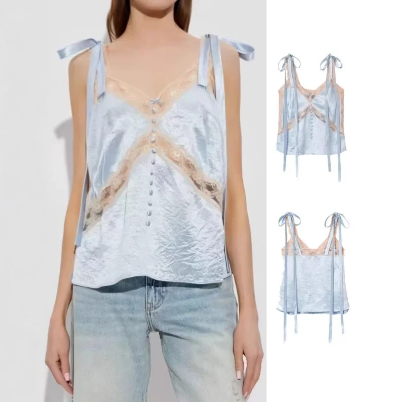 

Летний женский кружевной топ без рукавов с бантом-бабочкой и вырезом халтер, высококачественный, прозрачный, модный, сексуальный, с открытой спиной, мини-жилет, коллекция 2026 года