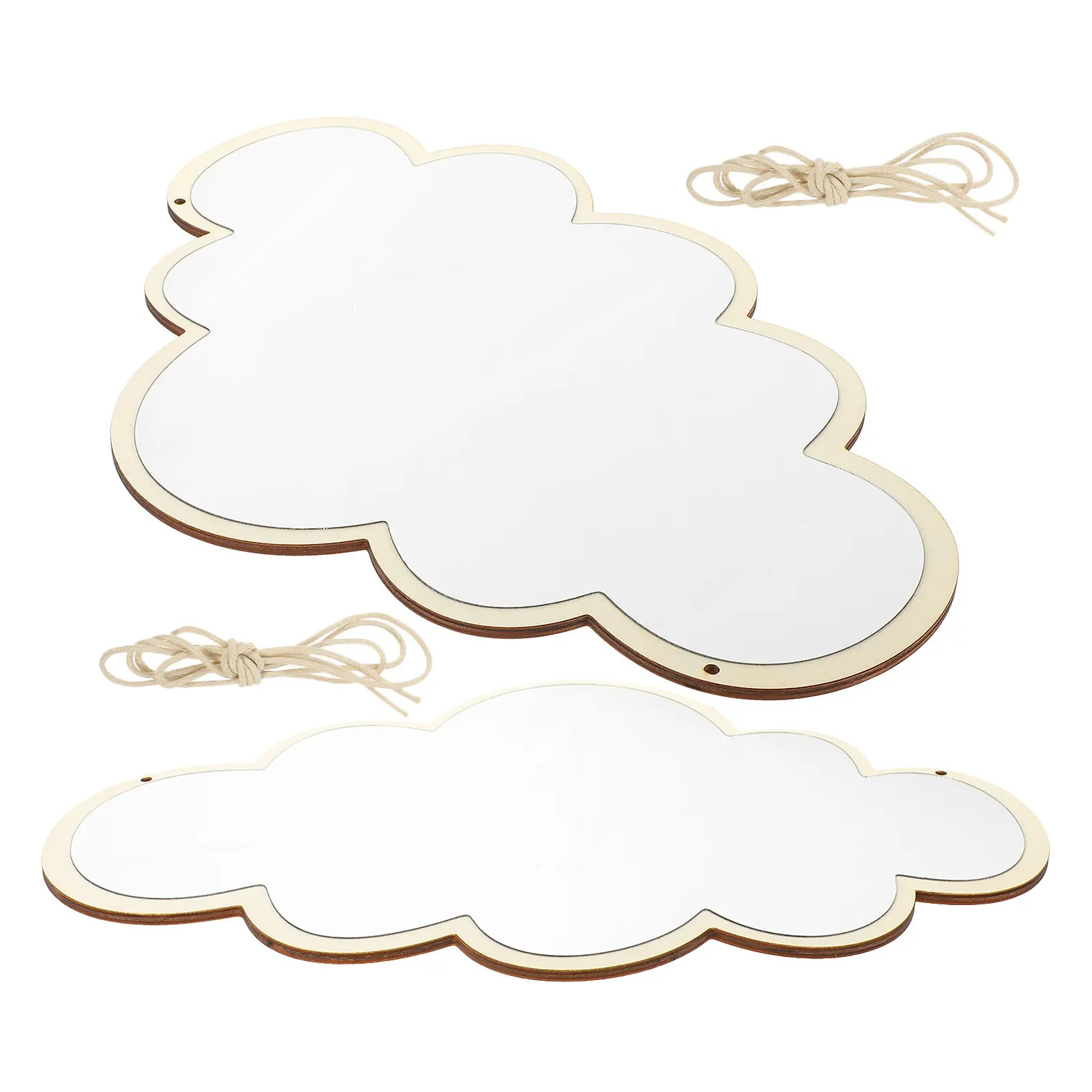 2Pcs Cute Cloud Mirror Shatterproof Acrylic Surface Wooden Framed Decorative Wall Mirror Modern Bedroom Bathroom Entryway