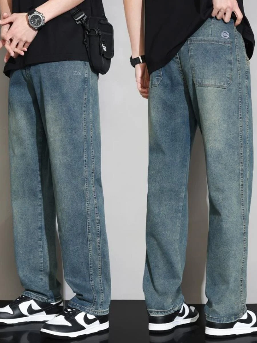 

Мужские винтажные джинсы свободного прямого кроя в стиле ретро, американский уличный стиль, удлиненные, классические синие джинсы из денима