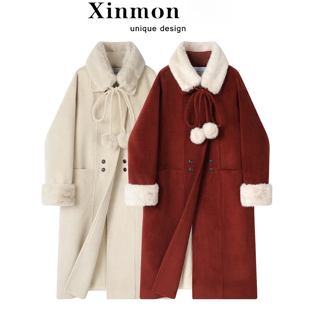 

Ele Red Woolen Coat with Fce Mid-Length Slimming New Year's Faion Outerwear by Limeng Sweet Sle Long Sve