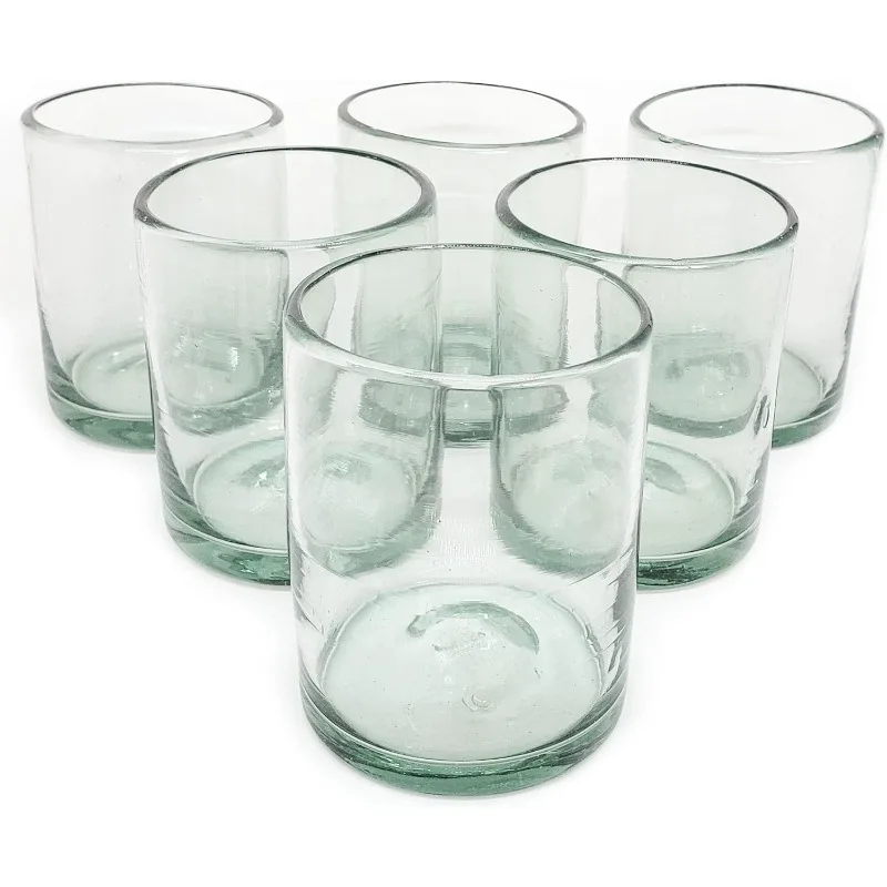 Clear Blown 10 oz Tumbler Glasses, set of 6, Mexican Handmade Glassware, Recycled Glass