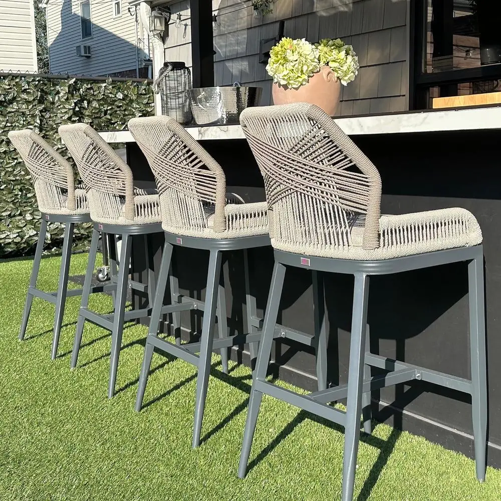 

Set of 2 Outdoor Rattan Bar Stools with Cushions, 24 High, for Patio or Kitchen Island