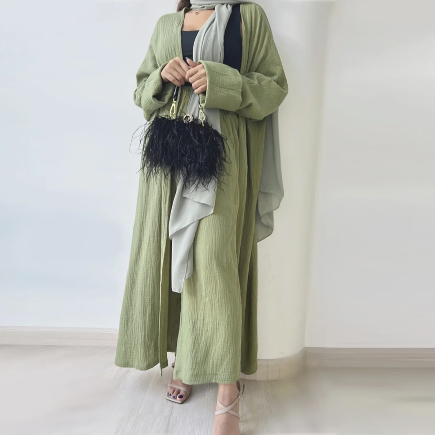 Summer casual Kimono Abaya with Pants Turkey Muslim Dress Plain Cotton Open Abayas for Women Dubai Islam Modest Outfit Kaftan