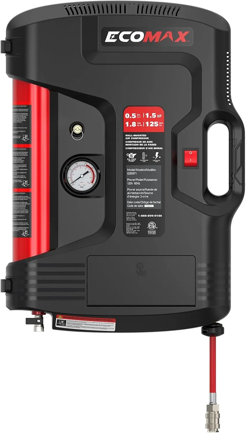 Wall Mount Air Compressor, Tire Inflator Portable Air Compressor, Oil-Free with Retractable 30ft Air Hose, Mini Tank 125 PSI MAX
